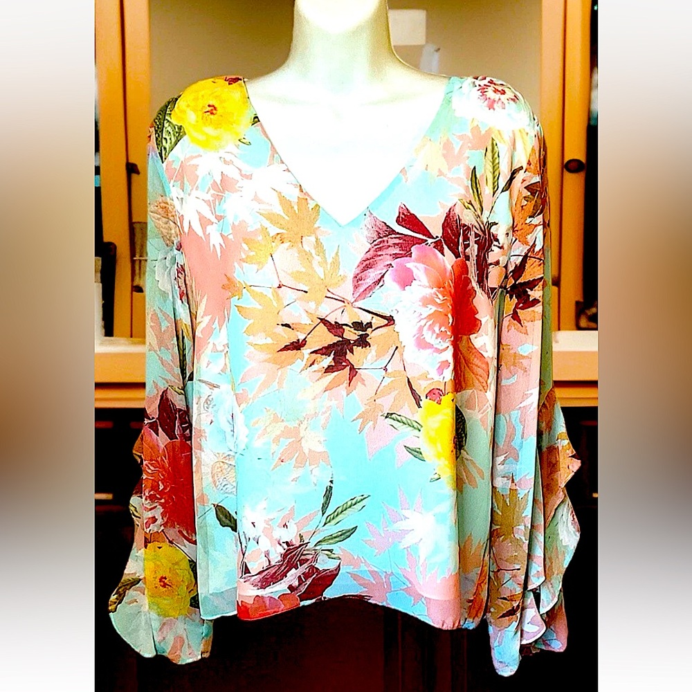 🩵VINCE CAMUTO🩵 CHIFFON FLORAL RUFFLE FLUTTER LONG SLEEVE LINED BLOUSE NWOT🌼